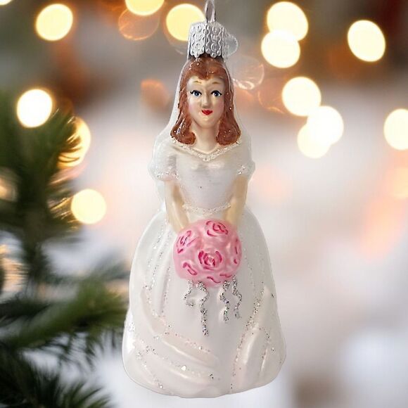 Old World Christmas Bride Ornament Brunette White Dress Roses Vintage Glass OWC - Picture 12 of 15